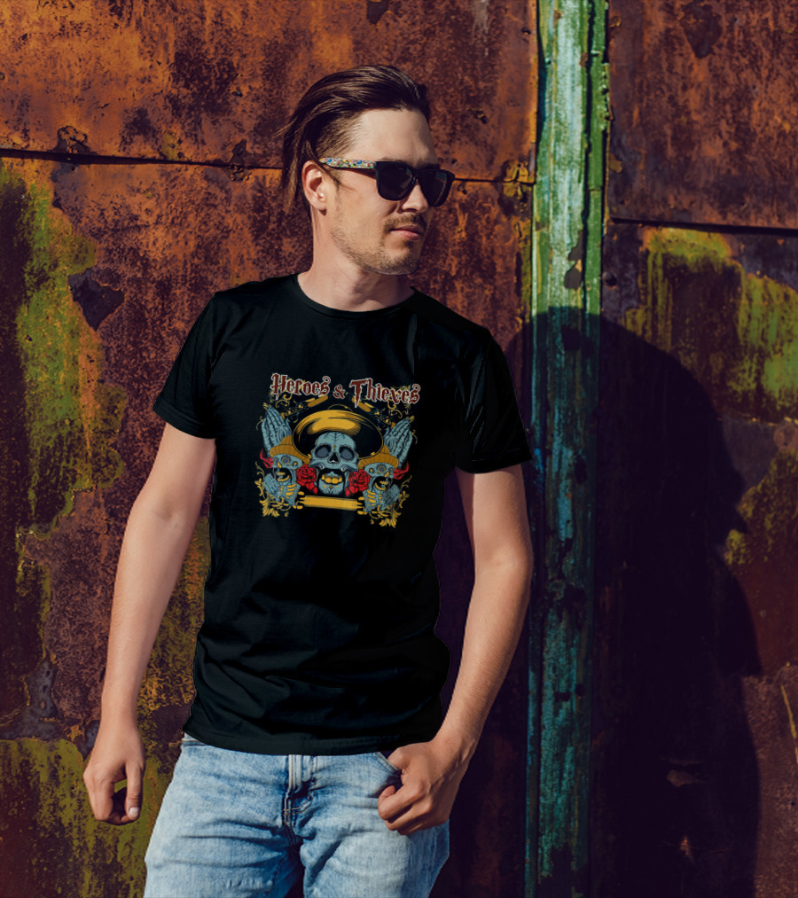 Heroes And Thieves Skull With Wings And Roses T-Shirt