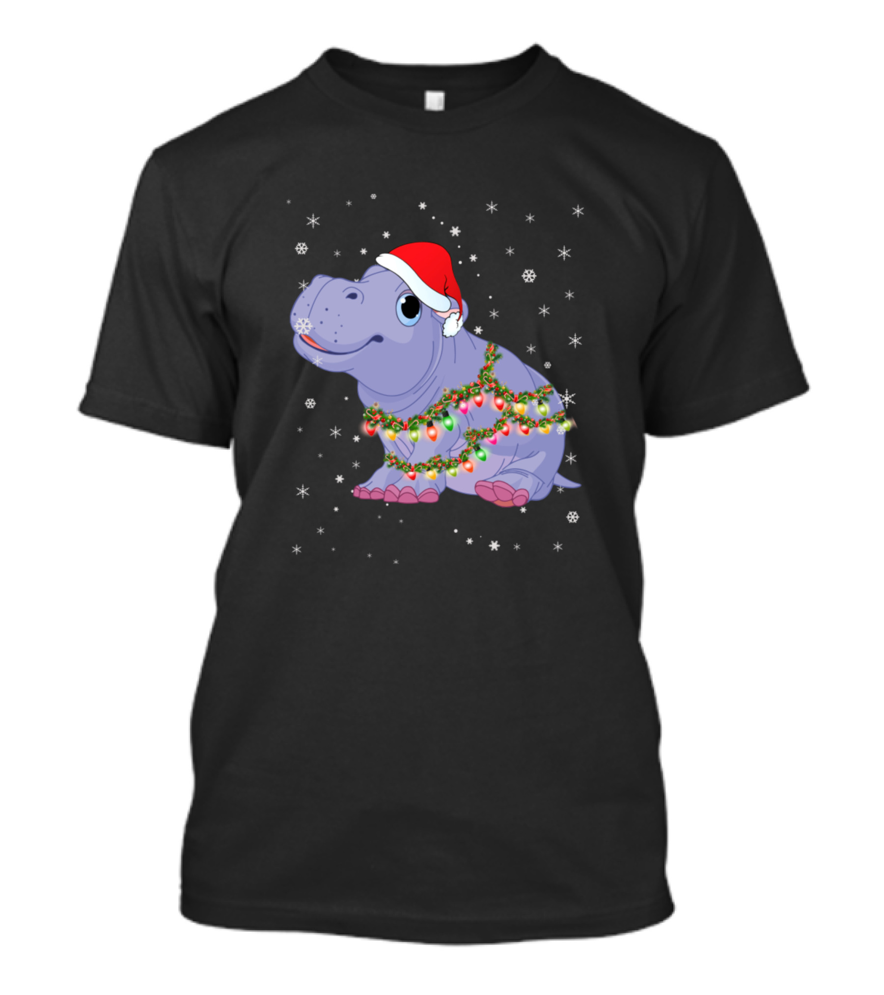 Hippopotamus With Santa Hat And Christmas Lights Surrounded By Snowflakes T-Shirt