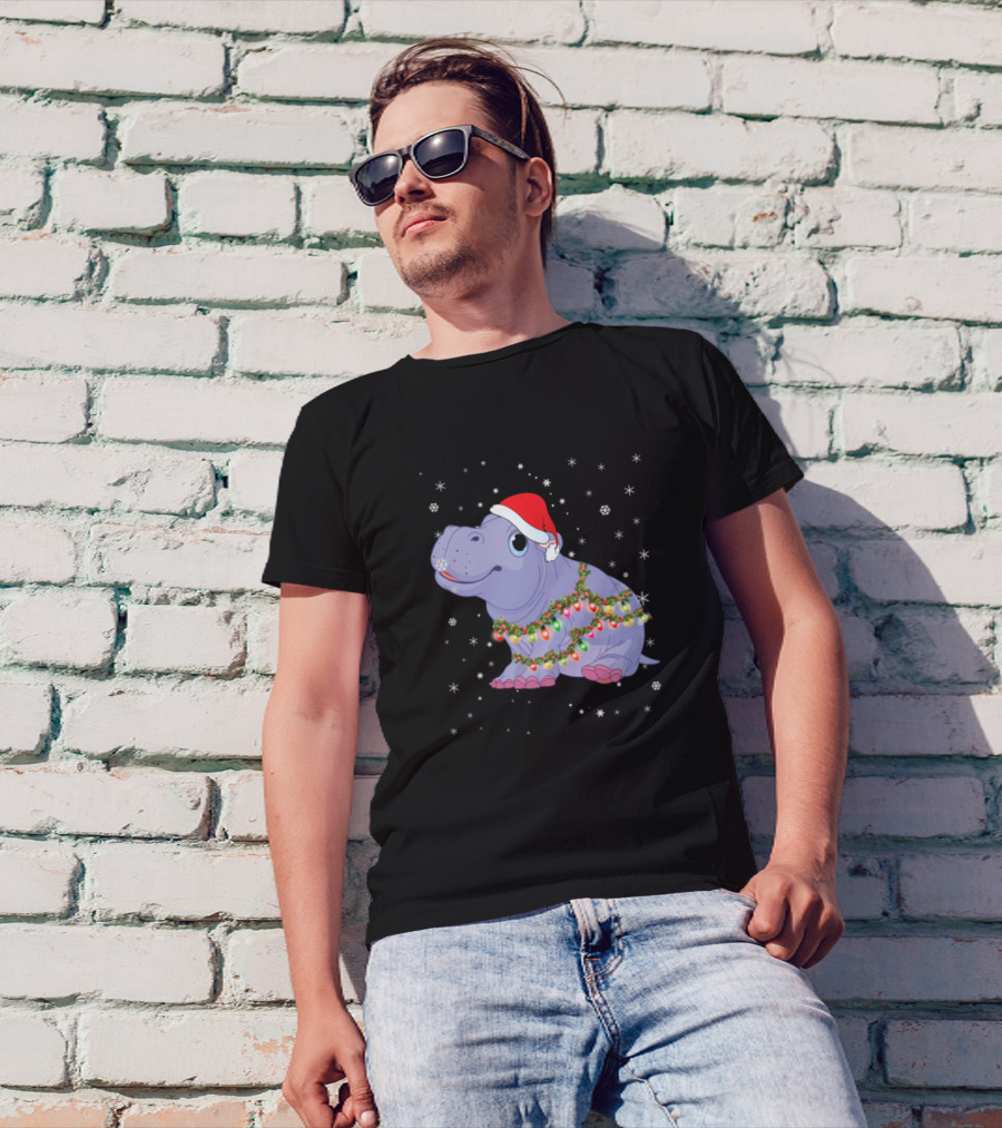 Hippopotamus With Santa Hat And Christmas Lights Surrounded By Snowflakes T-Shirt