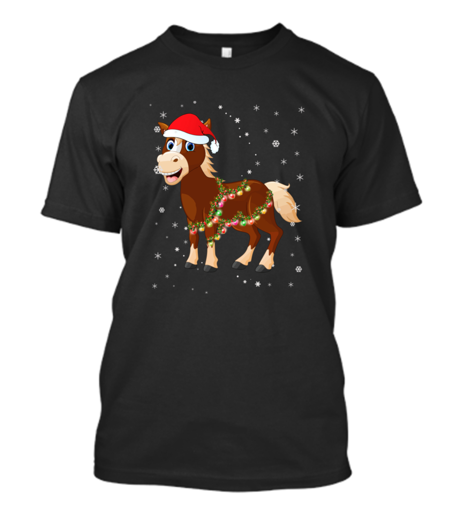 Santa Hat Horse With Christmas Lights And Snowflakes T-Shirt