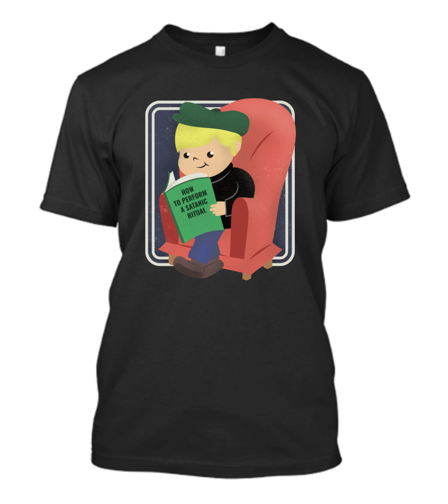 How To Perform A Satanic Ritual Cartoon Boy Reading In Armchair T-Shirt
