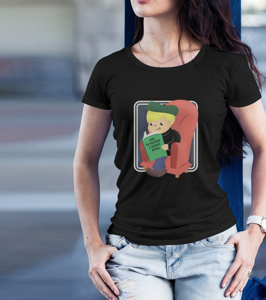 How To Perform A Satanic Ritual Cartoon Boy Reading In Armchair T-Shirt