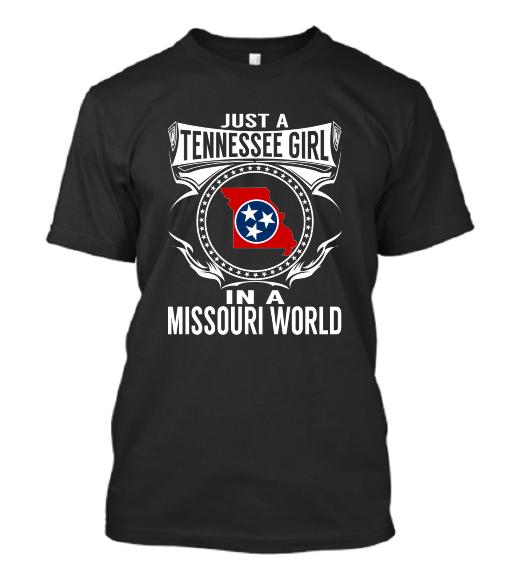 JUST A TENNESSEE GIRL IN A MISSOURI WORLD MAP DESIGN WITH TENNESSEE FLAG SYMBOLS T-Shirt