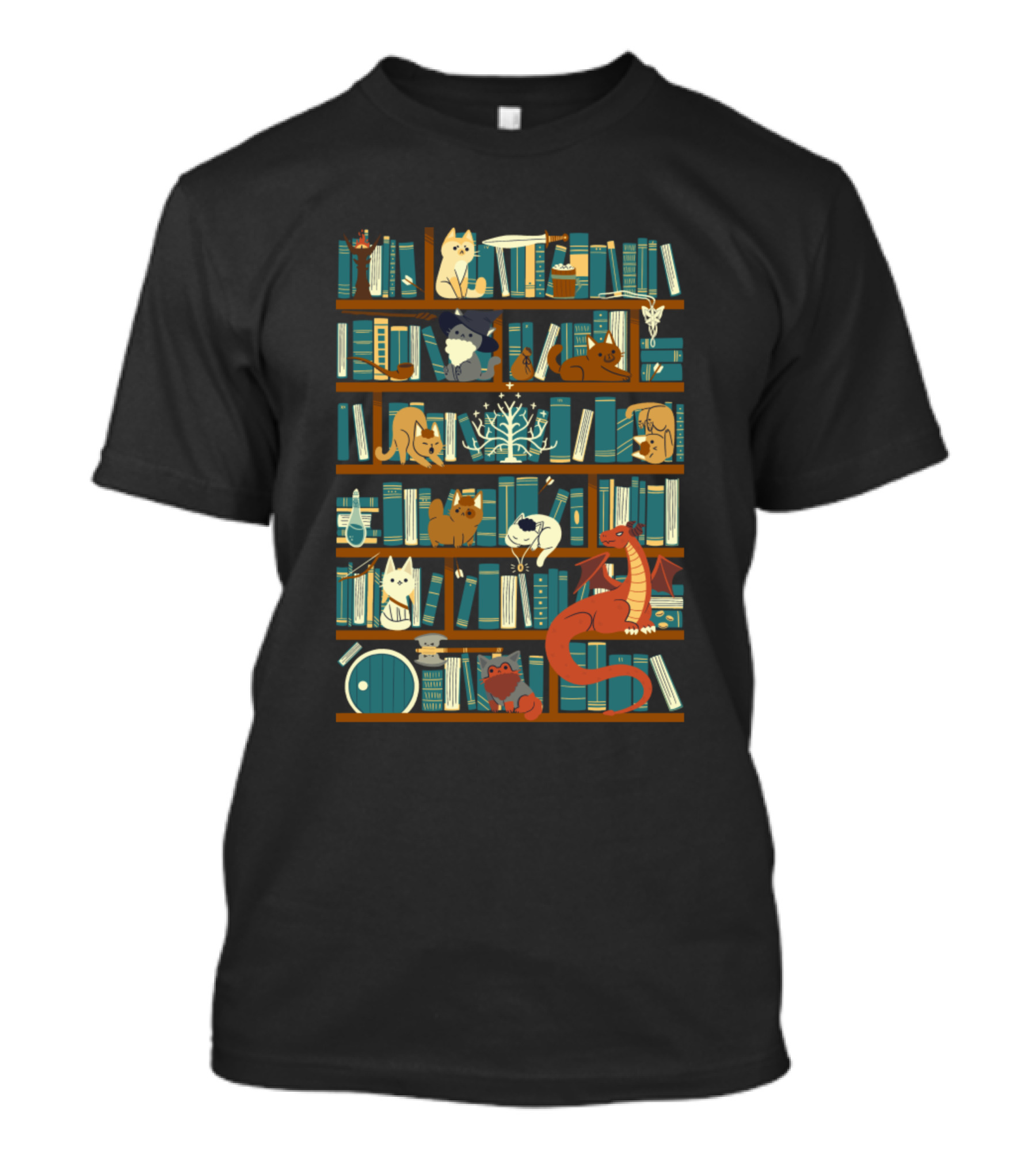 Library Of The Ring Fantasy Creatures Bookshelf With Cats, Wizard, Dragon, And Adventure Elements T-Shirt
