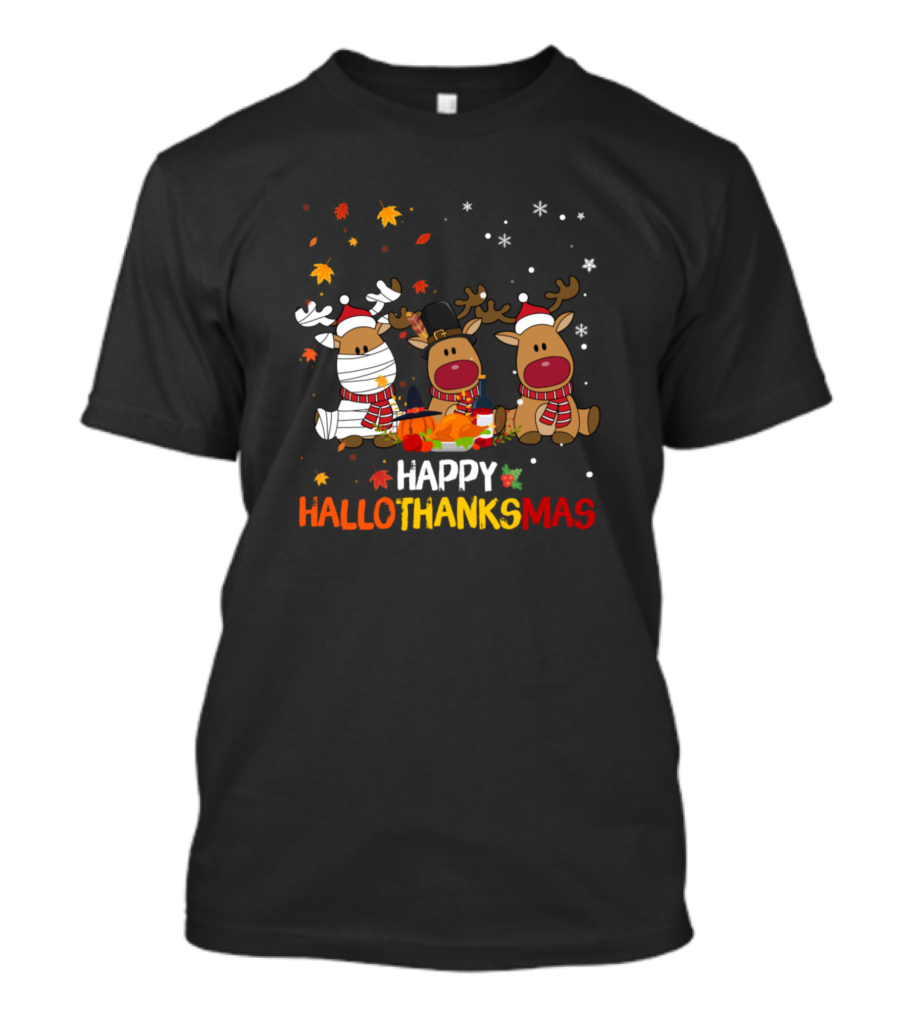 Happy Hallothanksmas Reindeer Trio With Seasonal Accessories T-Shirt