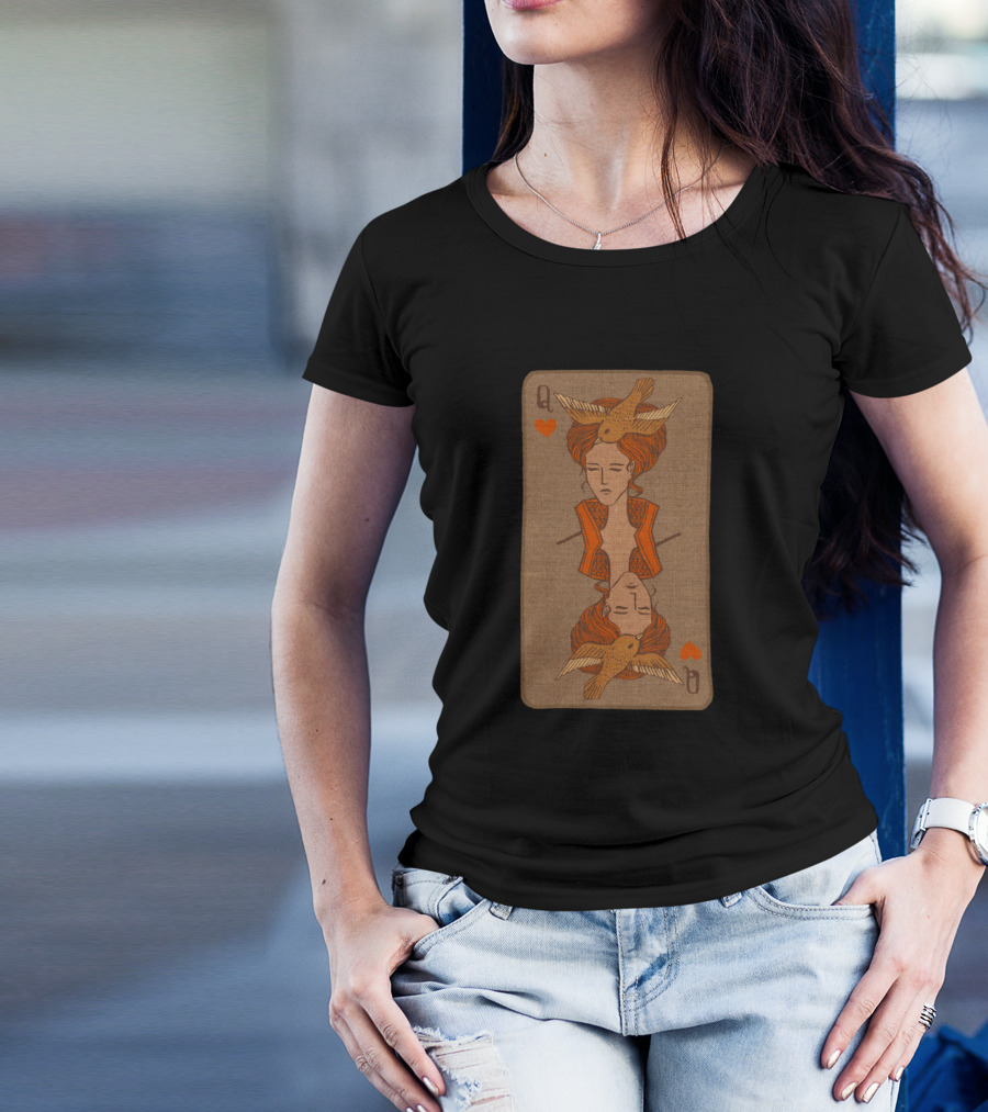 Queen Of Hearts Playing Card With Birds T-Shirt