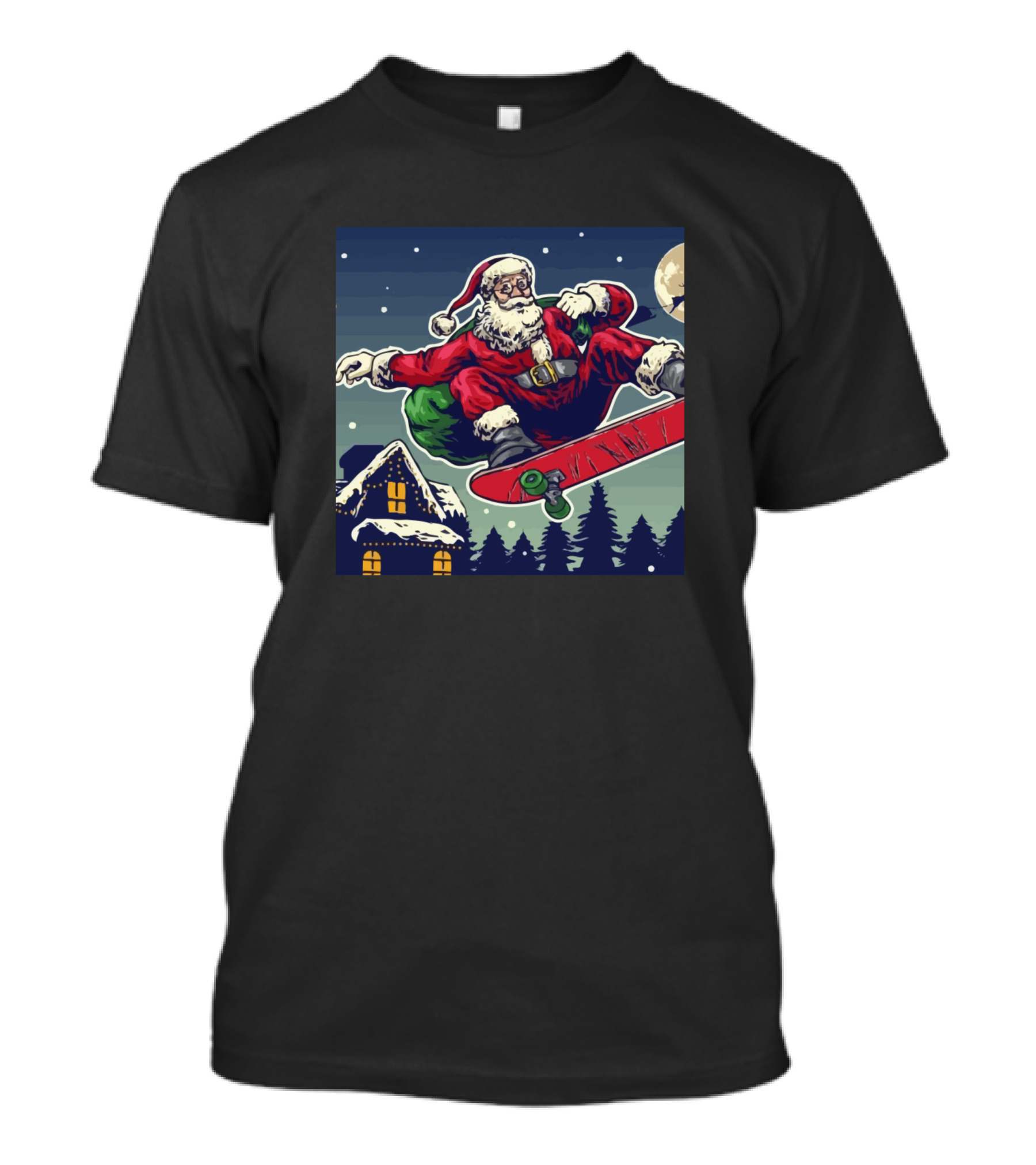 Santa Skateboarding Under Moonlit Winter Sky T-Shirt