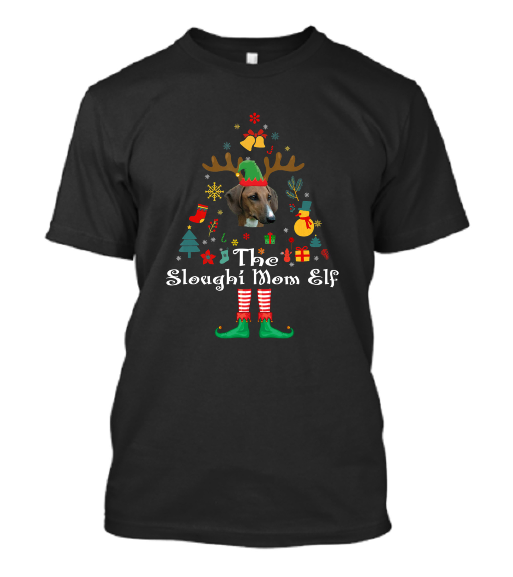 The Sloughi Mom Elf Reindeer Antlers Christmas Tree Music Notes Snowflakes T-Shirt