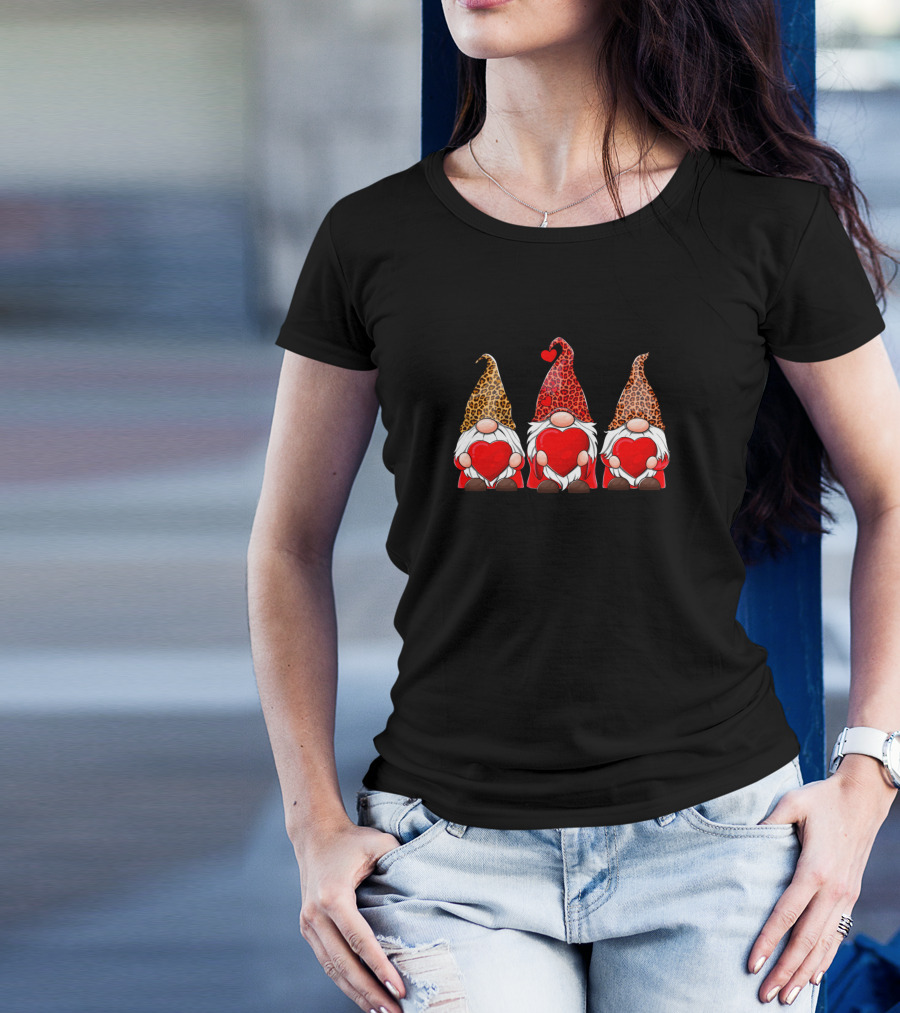 Three Gnomes Leopard Print Heart Valentine’s Day T-Shirt
