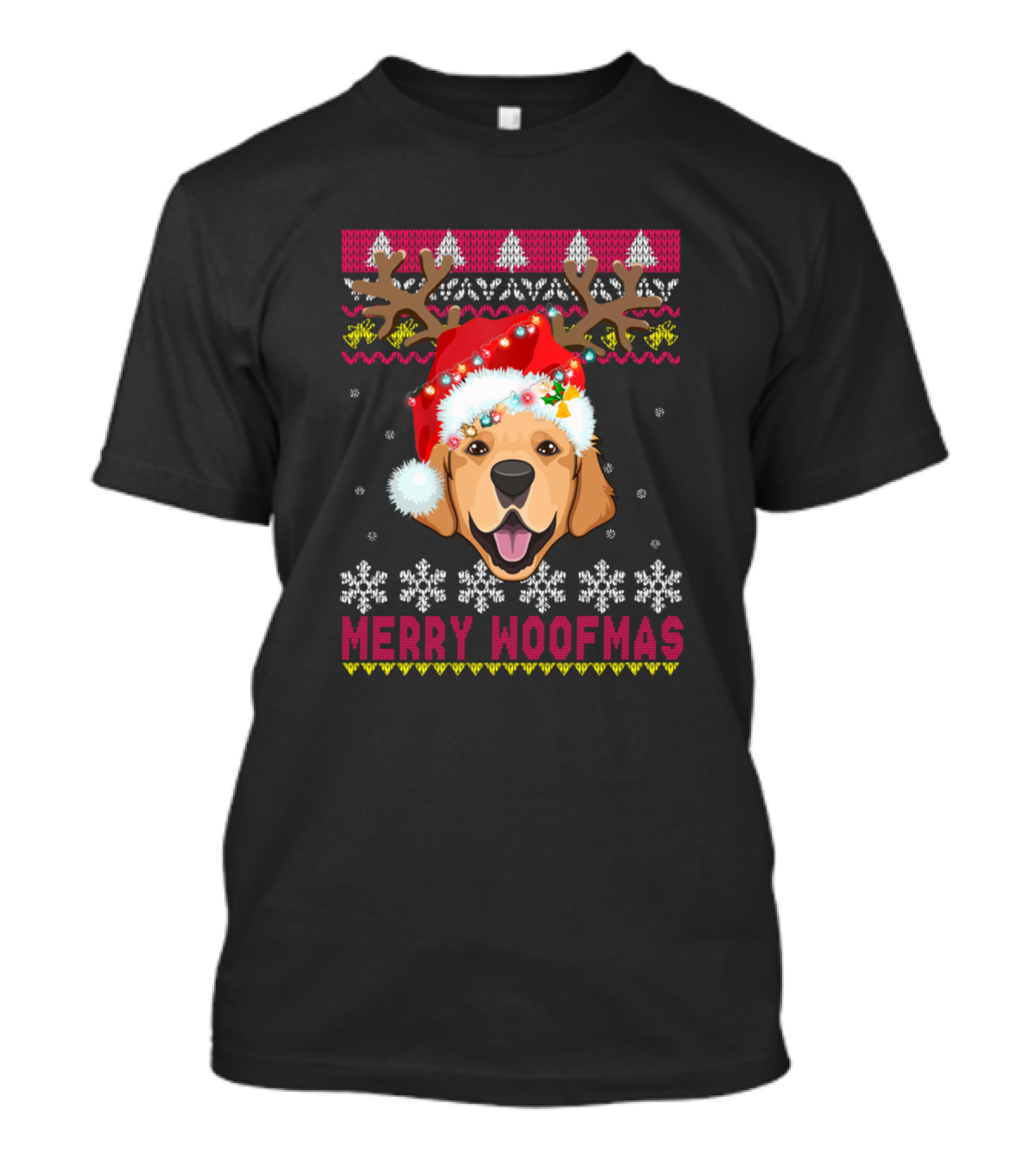 Merry Woofmas Golden Retriever Santa Hat Reindeer Antlers Snowflakes T-Shirt