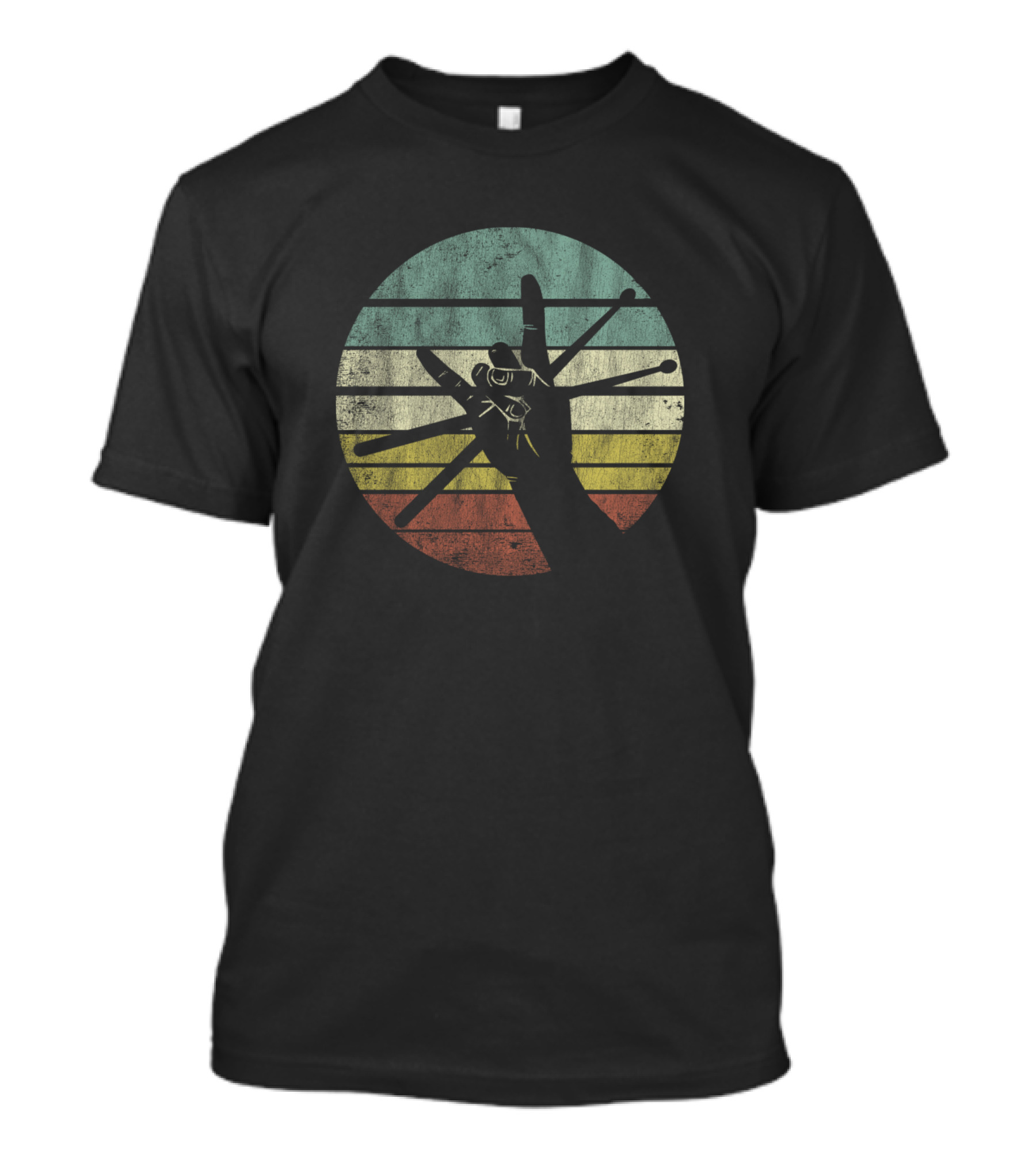 Vintage Drum Sticks Rock And Roll Hand Horns Drumm Retro Circle T-Shirt
