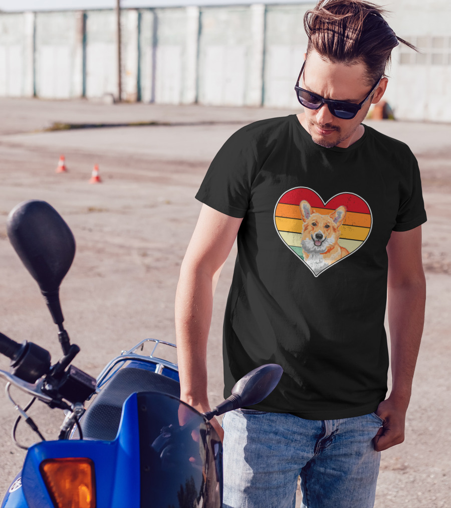 Vintage Heart Corgi Dog Lover Valentine Retro Stripes T-Shirt