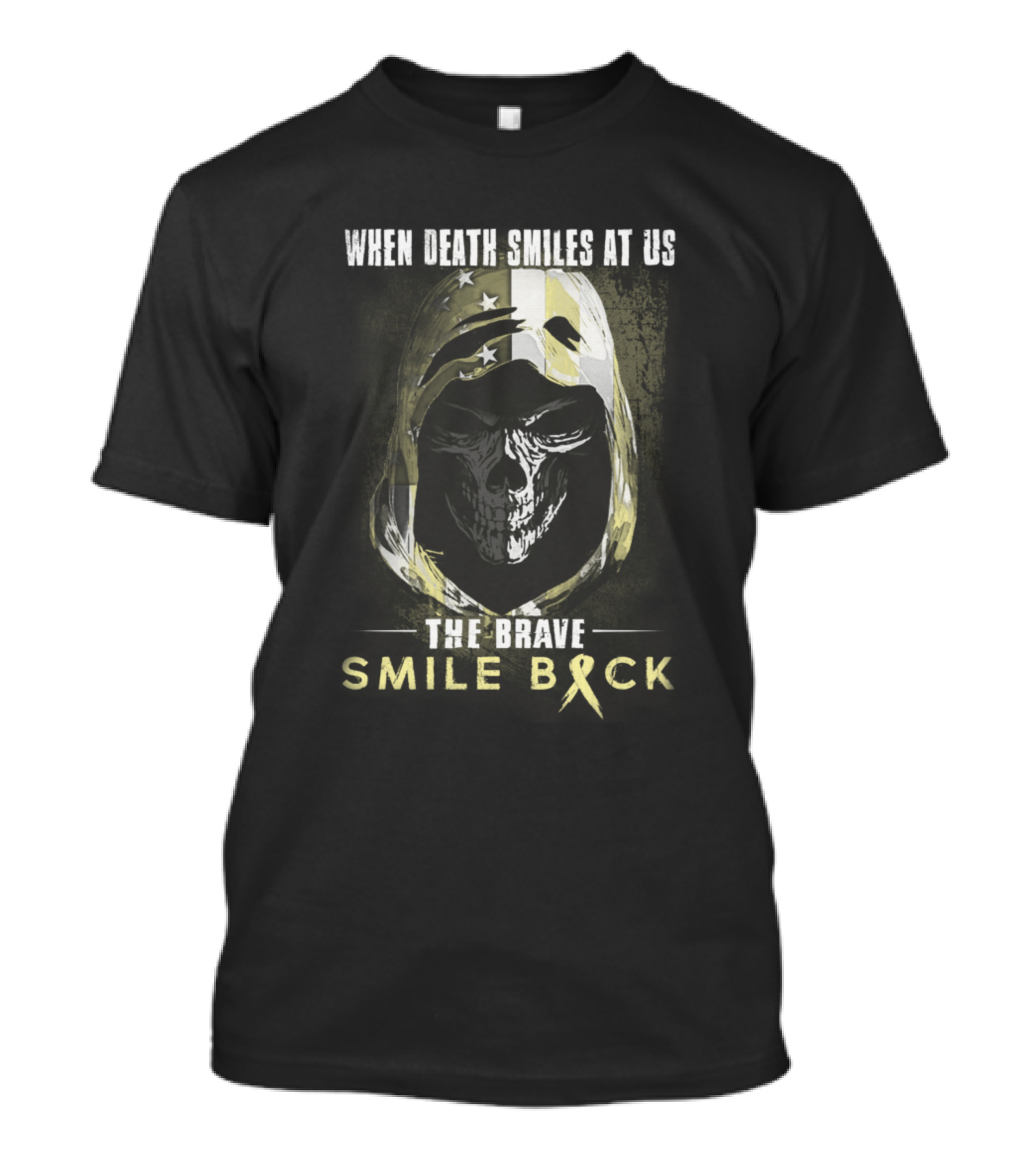 When Death Smiles At Us The Brave Smile Back Skeleton Hooded Skull American Flag T-Shirt
