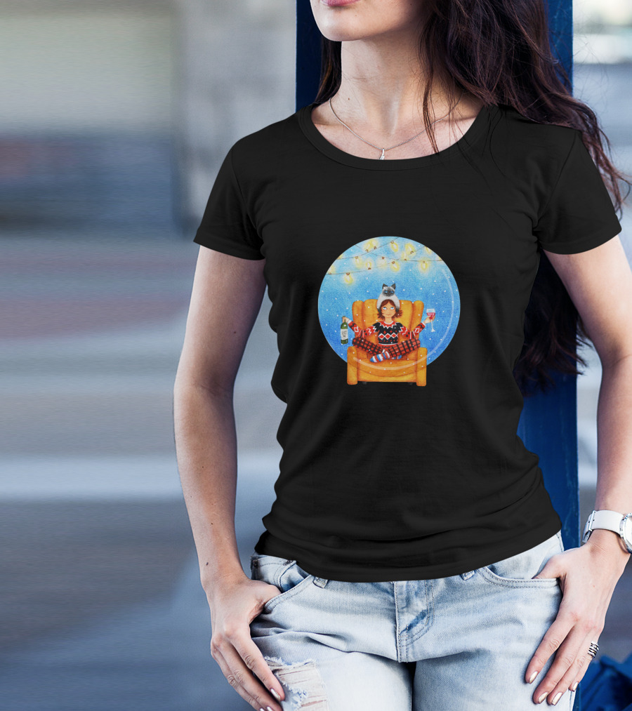 Cozy Winter Evening With Wine And Cat Lover T-Shirt