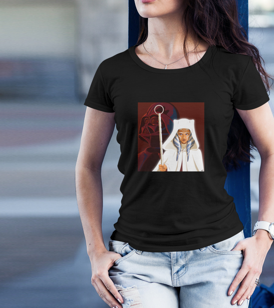 Ahsoka Tano White Cloak With Darth Vader Background T-Shirt