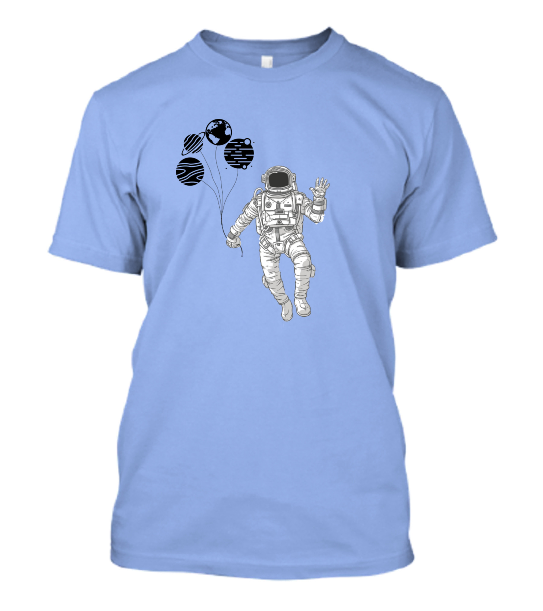 Astronauta Presenteando Flutuando Com Planetas Em Fundo Escuro T-Shirt