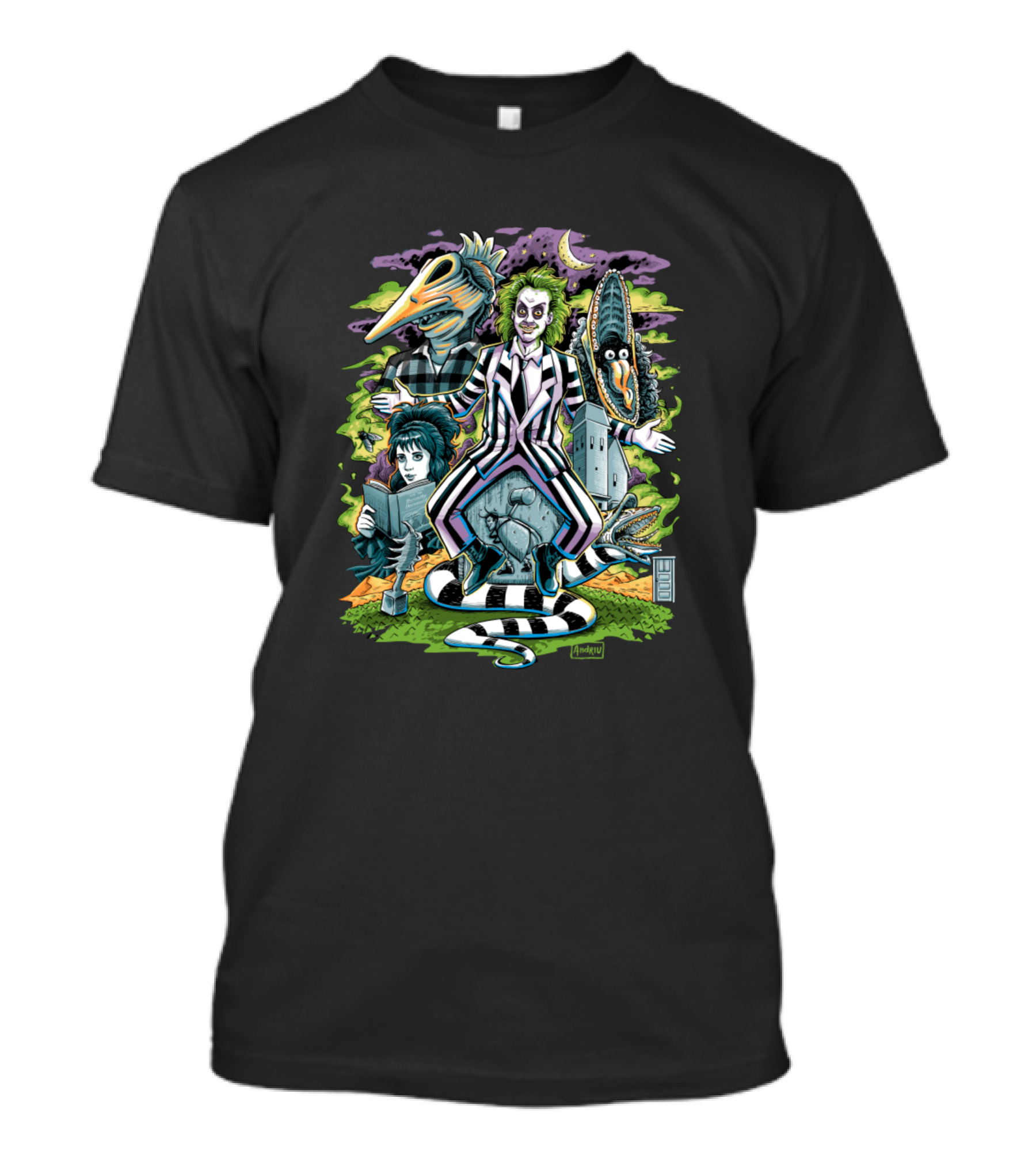 Beetlejuice Characters In Vibrant Scene With Striped Suit And Moon T-Shirt