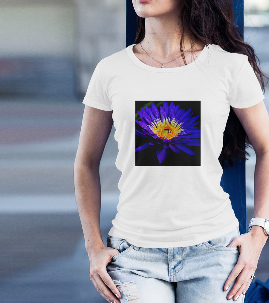 Blue Lily Vibrant Bloom Dark Background Essence T-Shirt