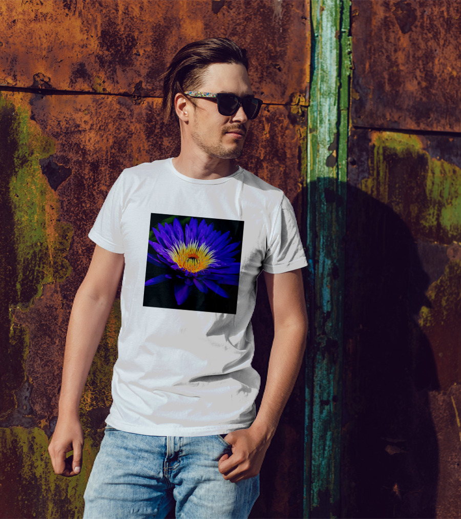 Blue Lily Vibrant Bloom Dark Background Essence T-Shirt