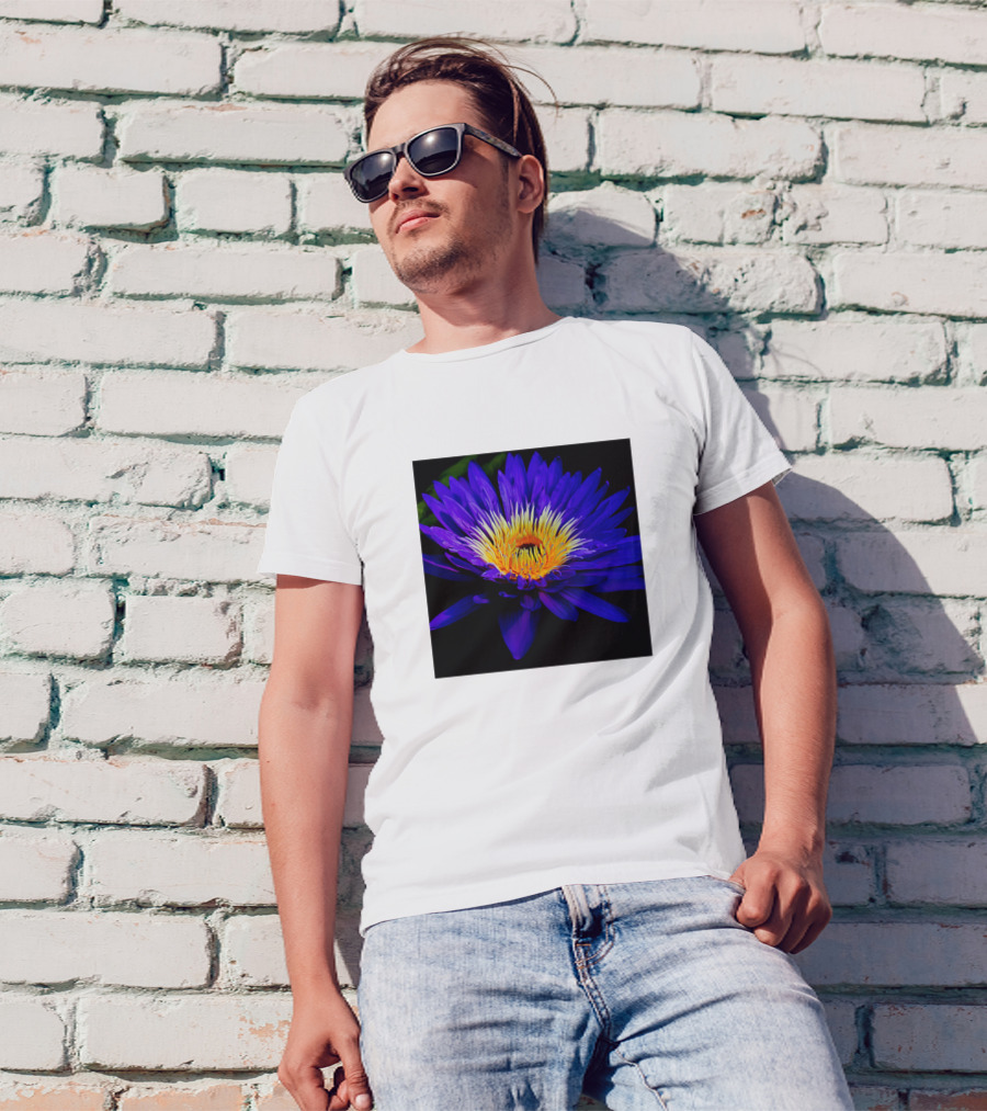 Blue Lily Vibrant Bloom Dark Background Essence T-Shirt