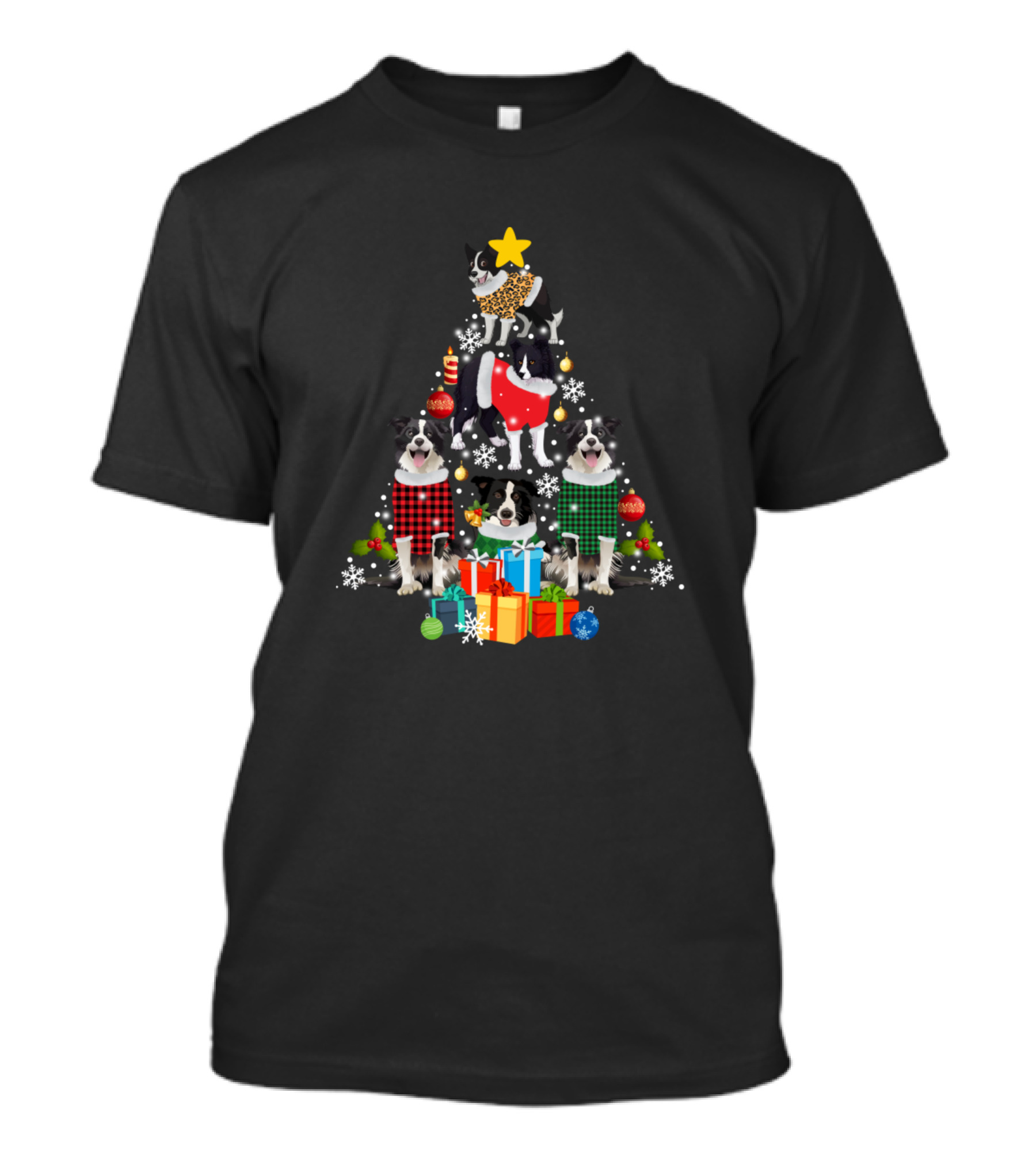 Border Collie Christmas Tree Ornament Decor Pattern With Gifts And Sweaters T-Shirt
