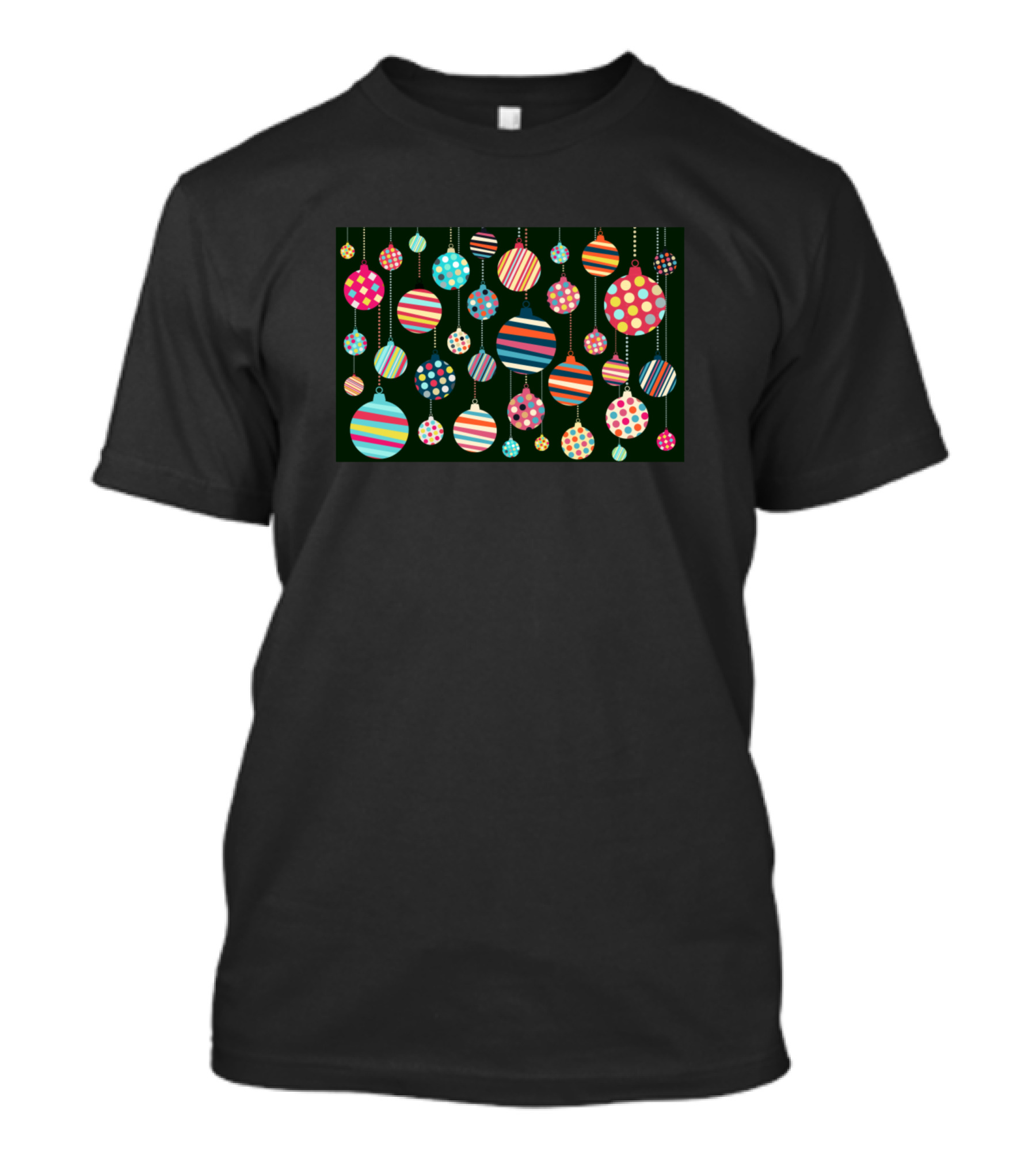 Christmas Striped And Polka Dot Baubles Hanging On Green T-Shirt