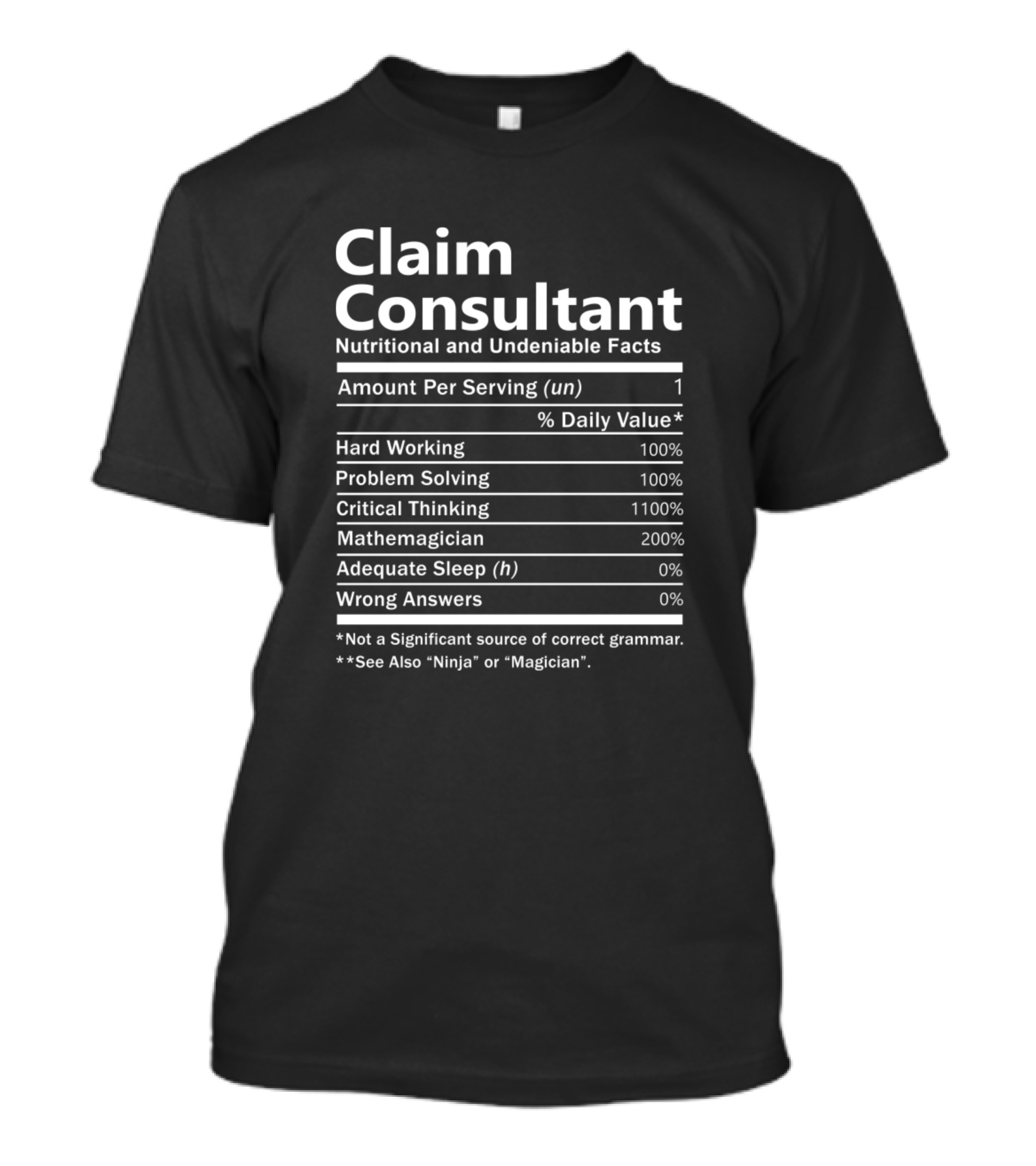 Claim Consultant Nutritional And Undeniable Facts Amount Per Serving Daily Value Hard Working Problem Solving Critical Thinking Mathemagician Adequate Sleep Wrong Answers T-Shirt