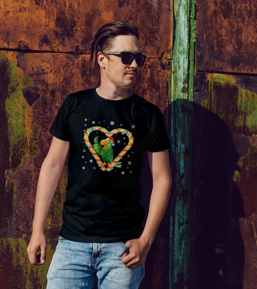 Cute Parrot Inside Candy Cane Heart Funny Christmas T-Shirt