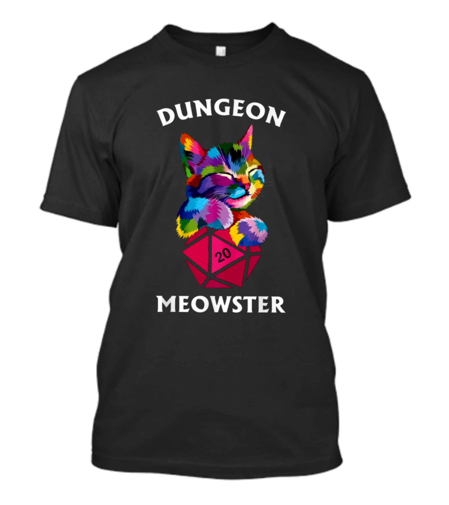 Dungeon Meowster Colorful Cat D20 Dice T-Shirt