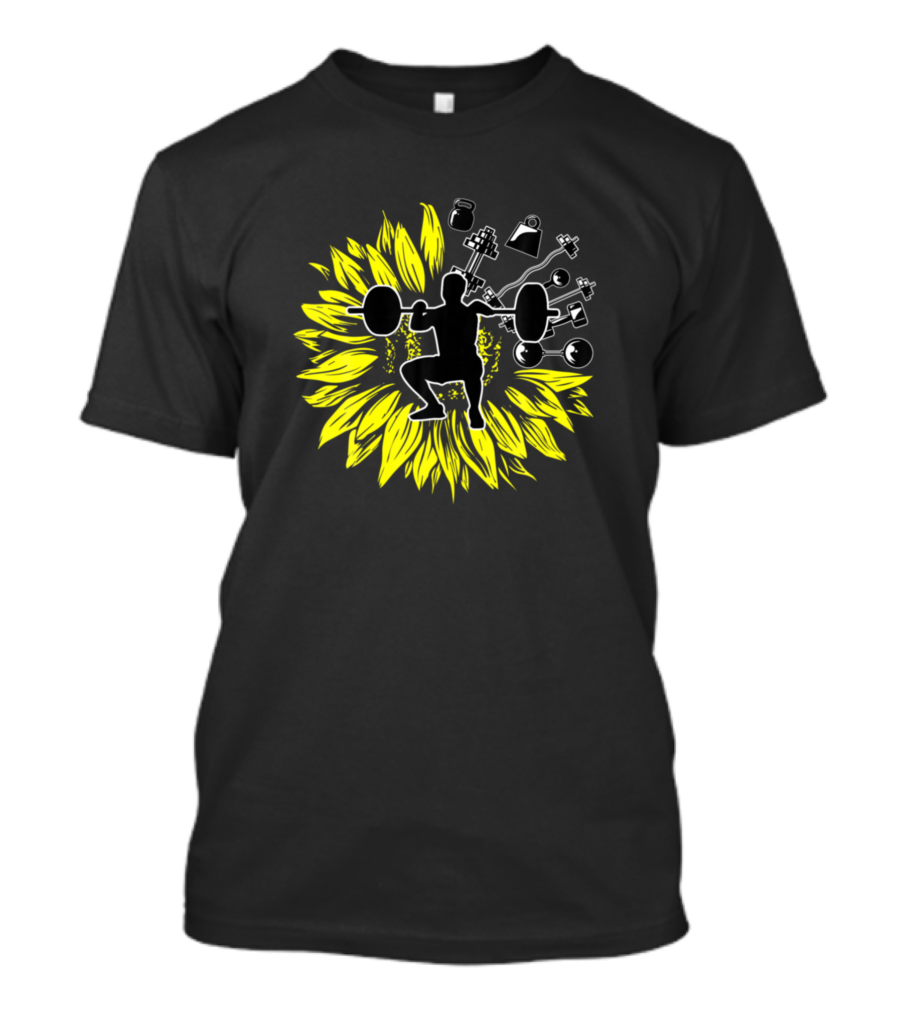 Fitness Sunflower Weight Lifting Bodybuilding Work Silhouette With Gym Equipment Icons T-Shirt