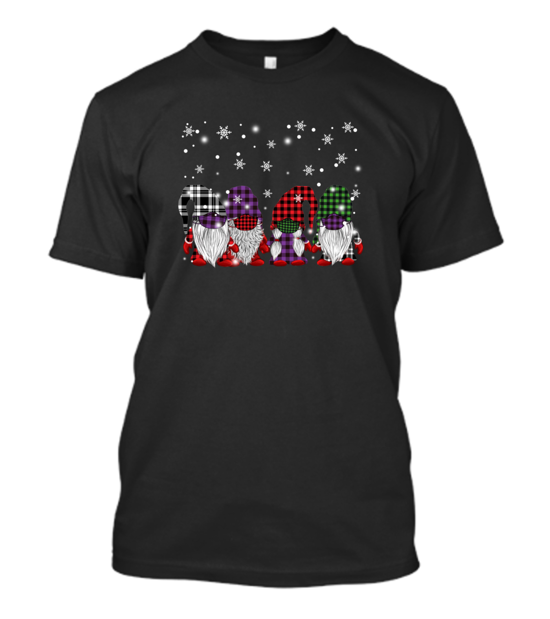 Funny Christmas Gnomes In Masks Buffalo Plaid With Snowflakes T-Shirt
