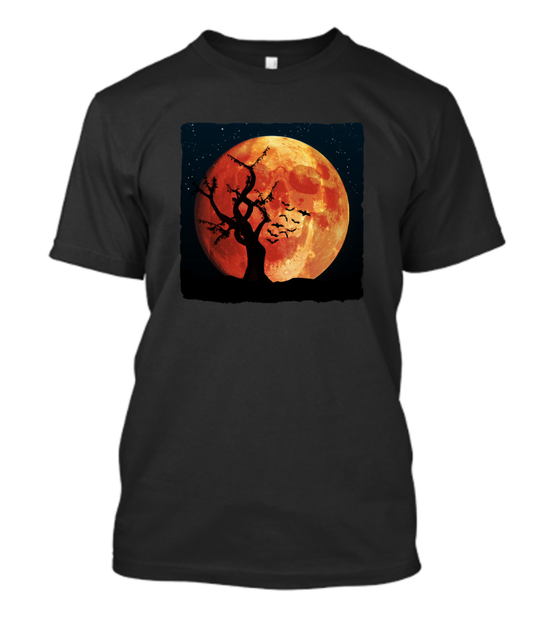 Halloween Blood Moon Skull Face With Spooky Tree And Bats T-Shirt