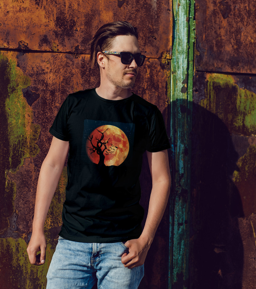 Halloween Blood Moon Skull Face With Spooky Tree And Bats T-Shirt