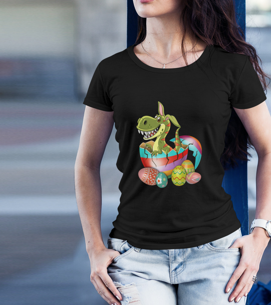 Happy Easter Dino Hatching Colorful Eggs Women Men Kids Bun T-Shirt