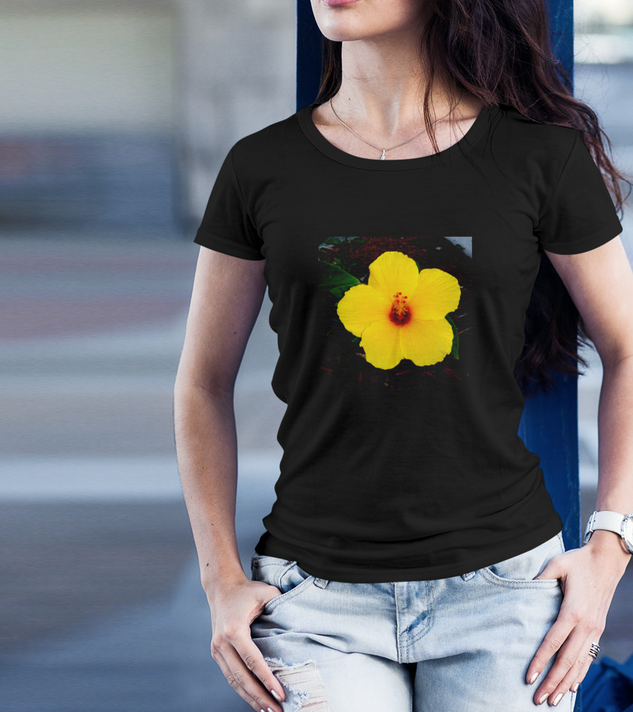 Hawaiian Yellow Hibiscus Flower With Dark Green Leaf Background T-Shirt