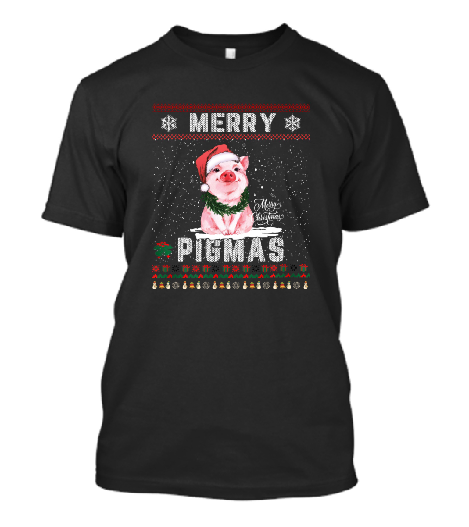 Merry Pigmas Ugly Christmas Pig Lover Santa Hat Snowflakes Festive T-Shirt