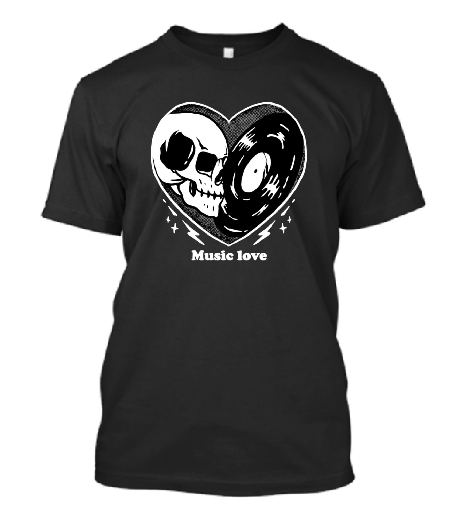 Music Love Skull Heart With Vinyl Record T-Shirt