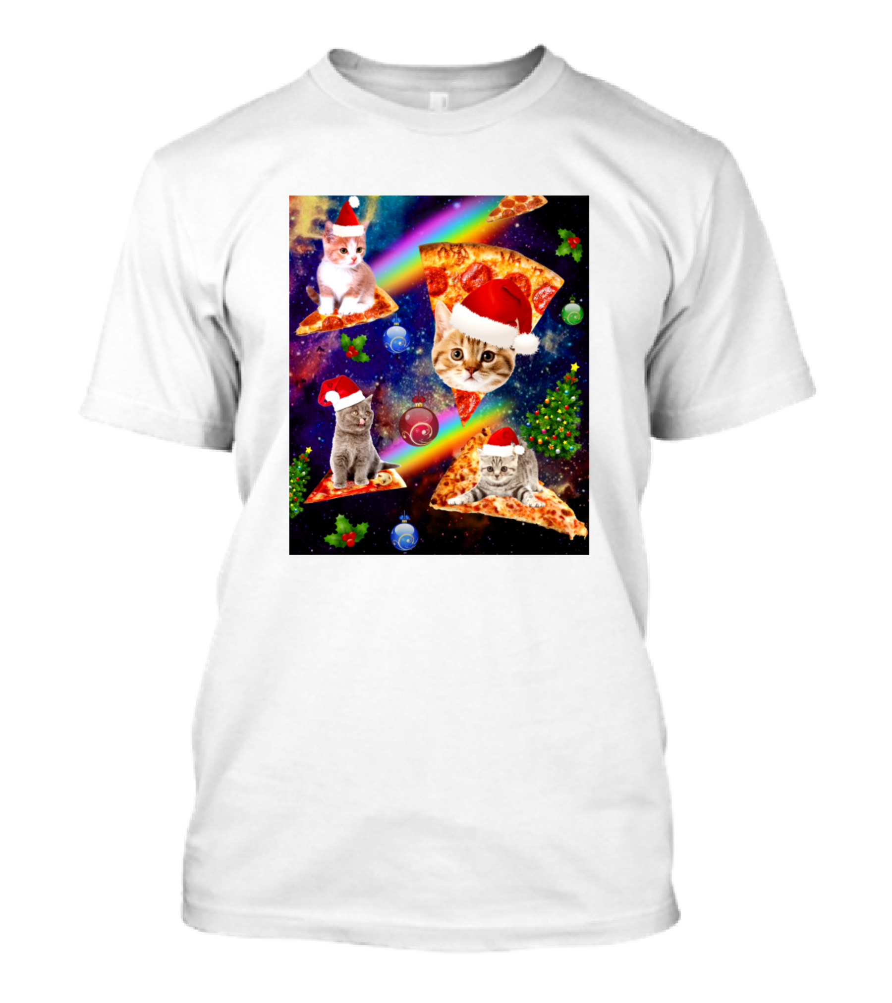 Outer Space Christmas Cats With Santa Hats Riding Pizza In Galaxy With Christmas Ornaments And Rainbow T-Shirt