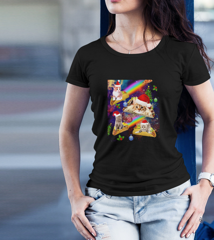Christmas Cats In Outer Space Riding Tacos With Santa Hats And Rainbows T-Shirt