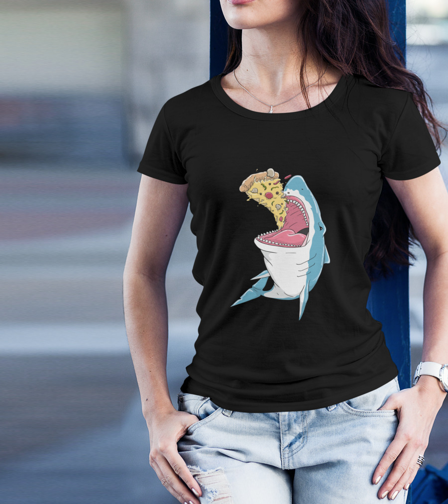 Pizza Shark Anime Kawaii Illustration Eating Pizza Slice T-Shirt