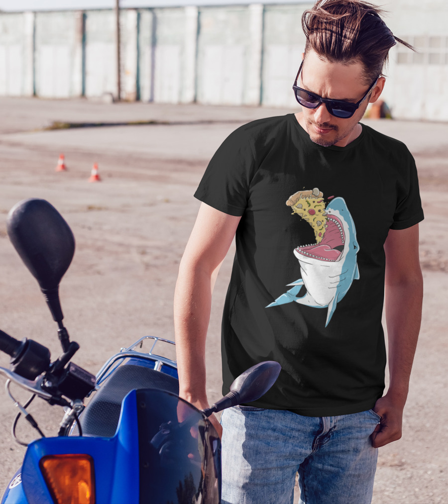Pizza Shark Anime Kawaii Illustration Eating Pizza Slice T-Shirt