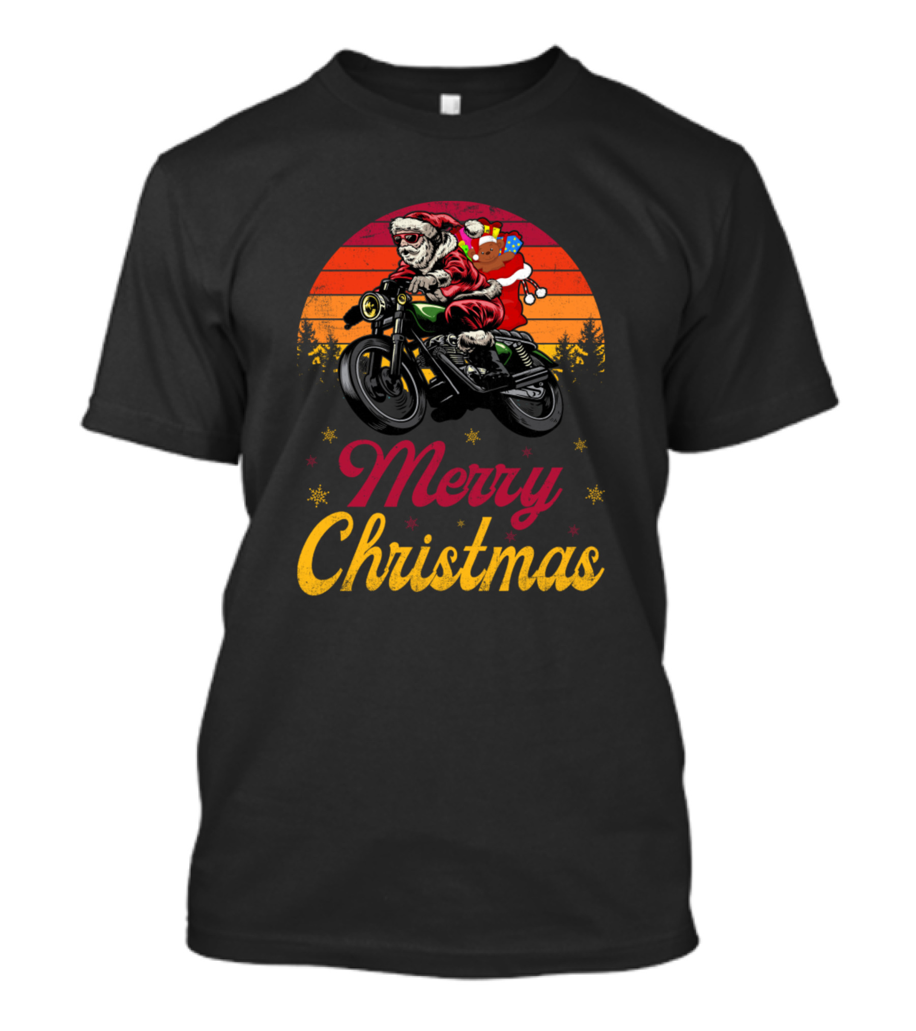 Merry Christmas Santa Riding Motorcycle With Reindeer And Gifts T-Shirt