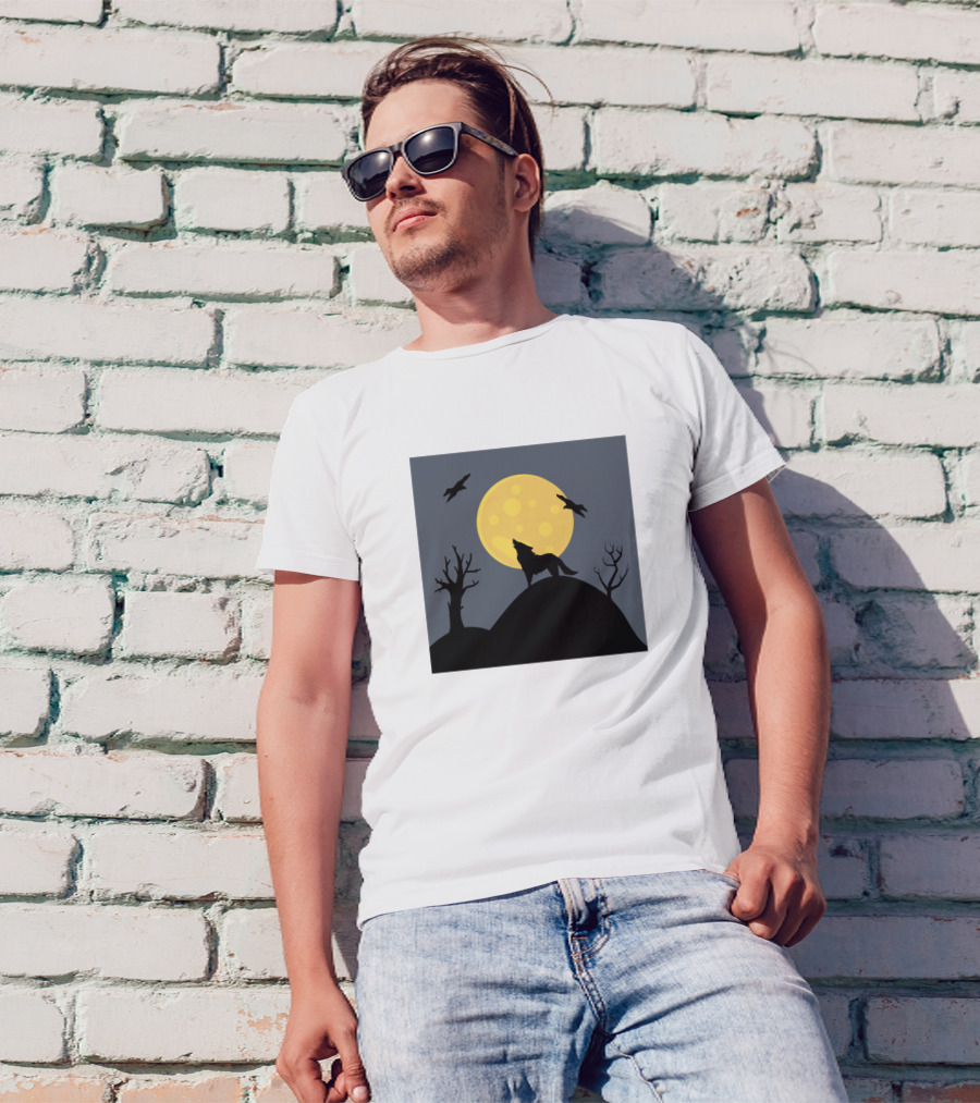 Howling Wolf Silhouette Under Full Moon With Barren Trees And Birds In Night Sky T-Shirt