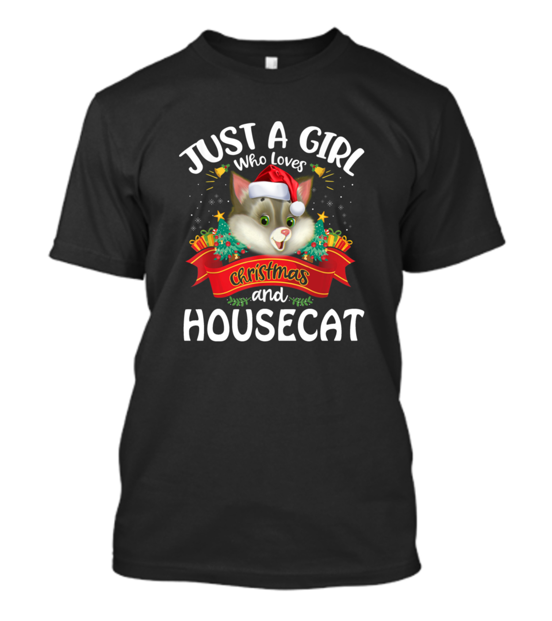 Just A Girl Who Loves Christmas And Housecat With Santa Hat And Festive Decorations T-Shirt