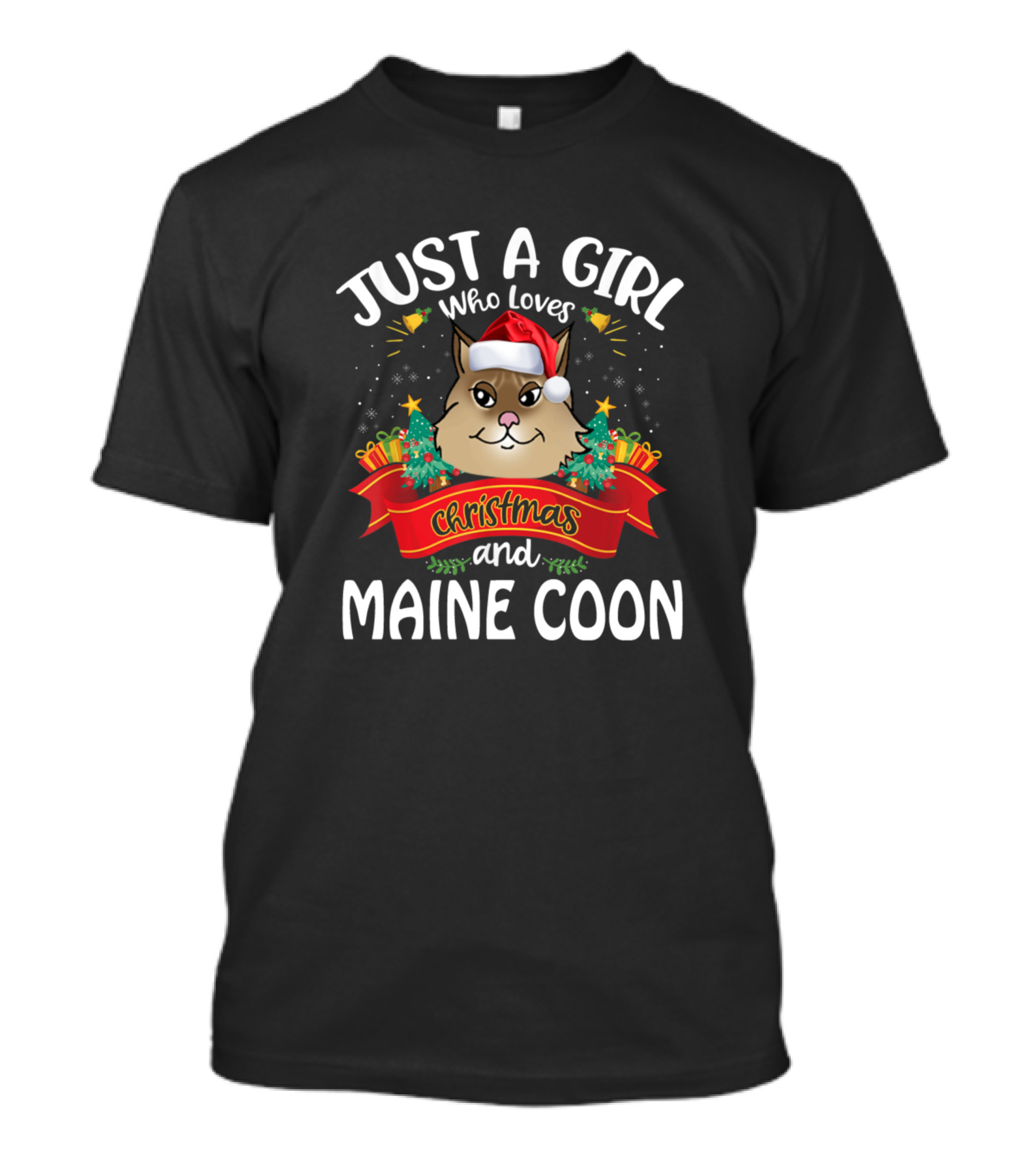 Just A Girl Who Loves Christmas And Maine Coon Cat With Santa Hat And Holiday Stars T-Shirt