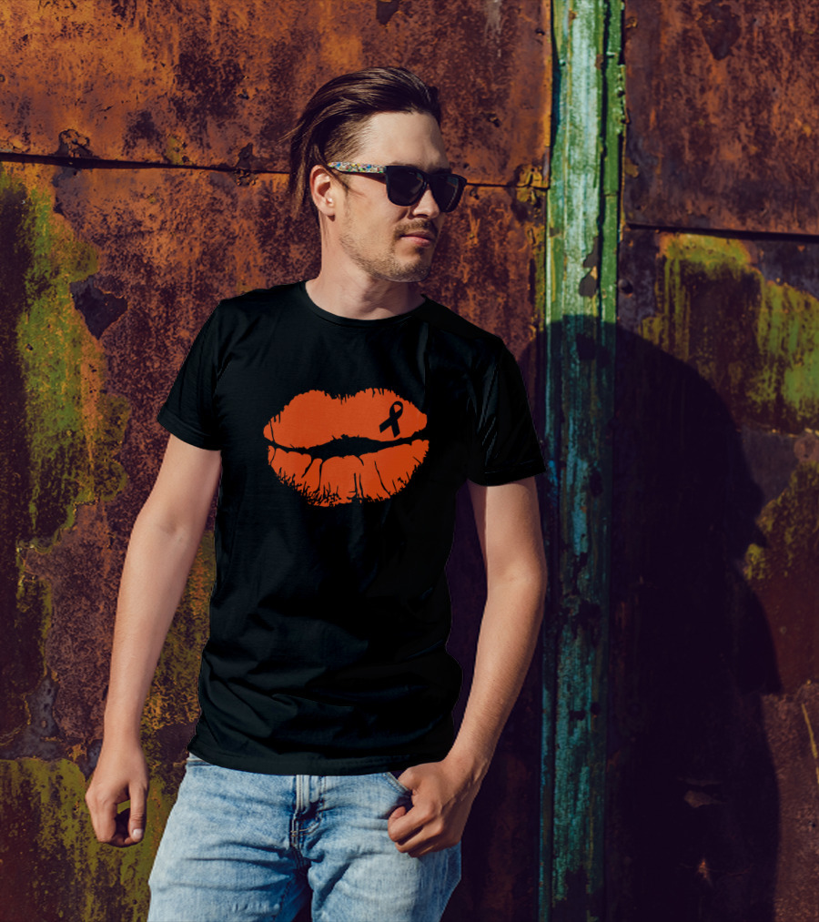 Kiss Cancer Goodbye Funny CHD Awareness Orange Ribbon Lips T-Shirt