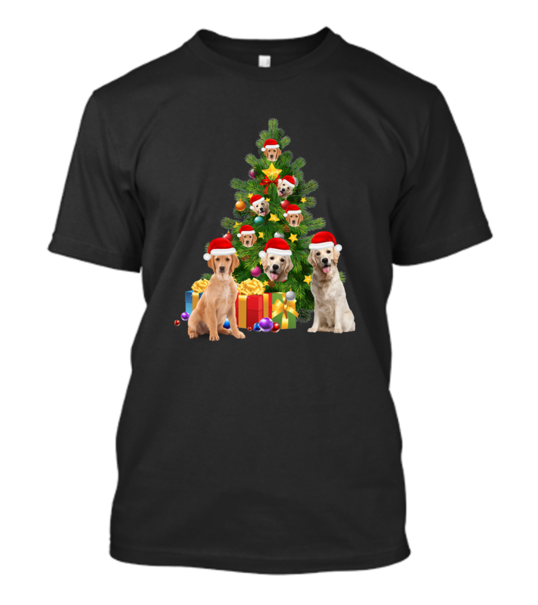 Labrador Retriever Dogs With Santa Hats And Christmas Tree With Gifts T-Shirt