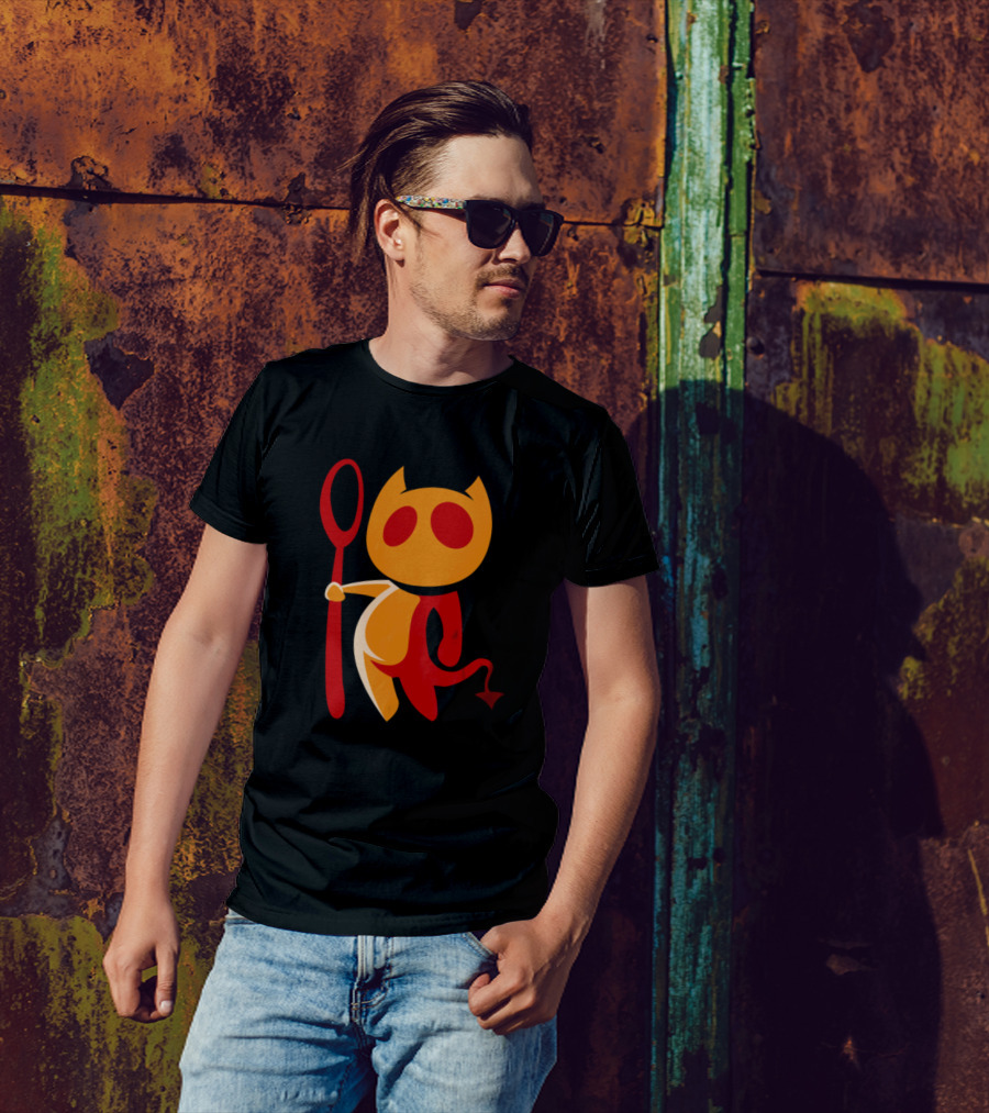 Red And Orange Devil Holding Oversized Spoon T-Shirt