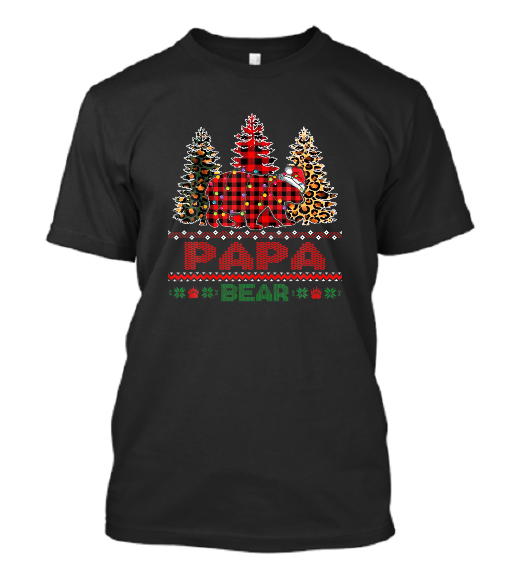 Papa Bear Christmas Sweater Plaid Santa Hat And Trees T-Shirt