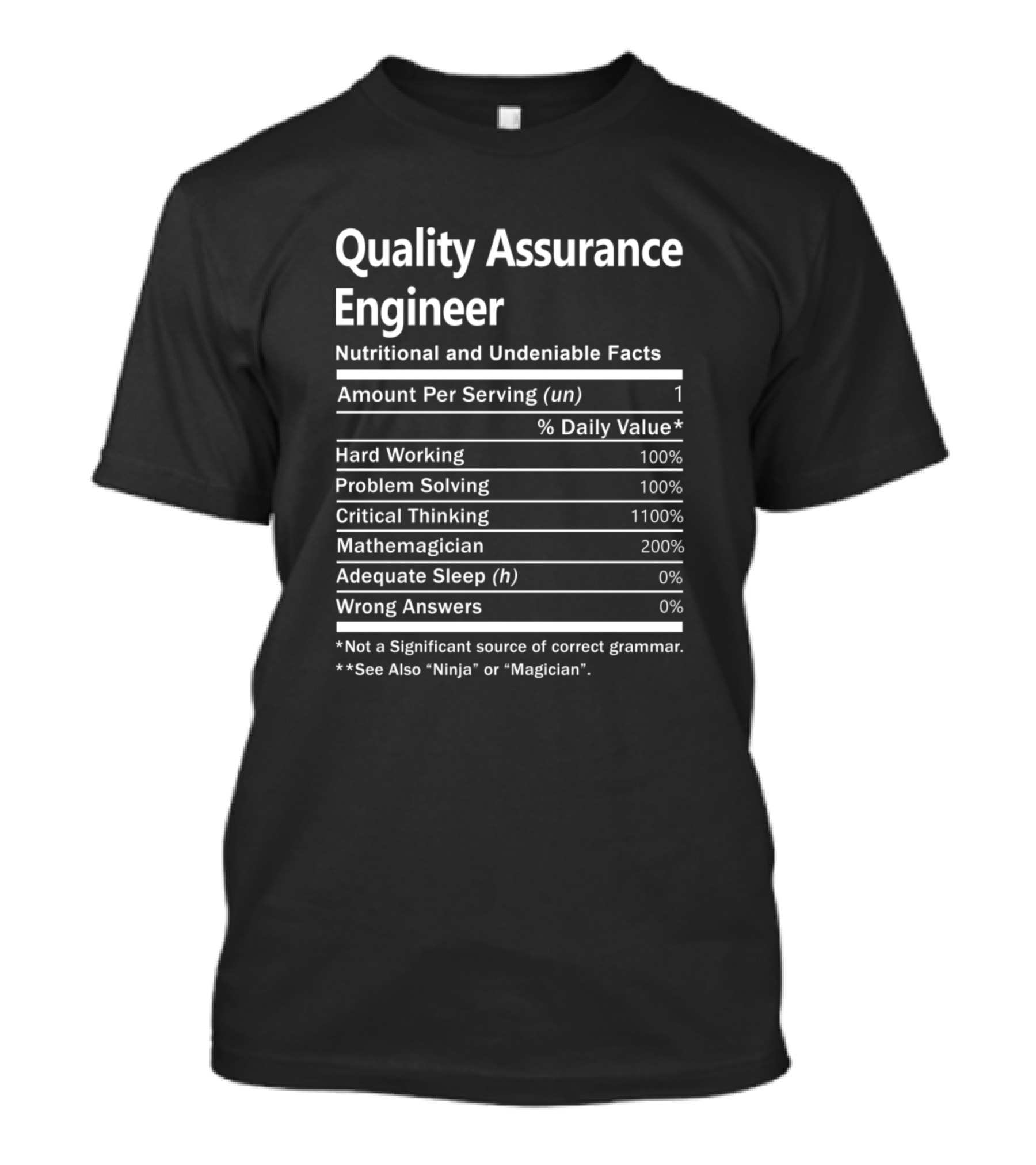 Quality Assurance Engineer Nutritional And Undeniable Facts Hard Working Problem Solving Critical Thinking Mathemagician Adequate Sleep Wrong Answers T-Shirt